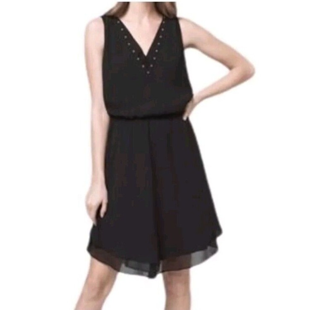 WHBM Women's studded‎ V-Neck Sleeveless Dress Knee Length Chiffon Black Size 6